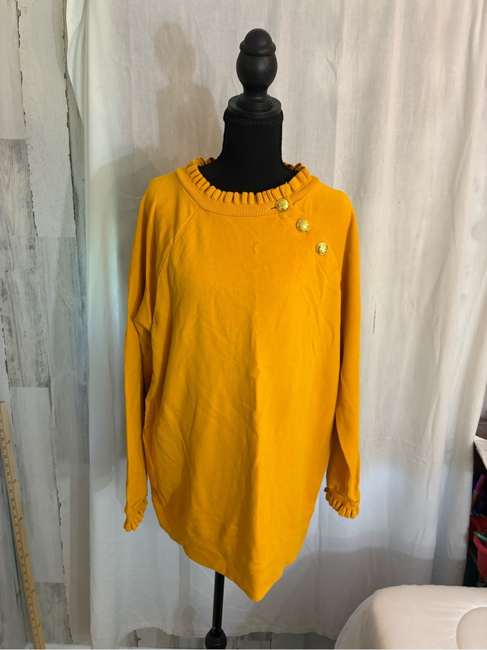 Talbots Mustard Yellow Ruffled-Neck Sweatshirt with Button Details